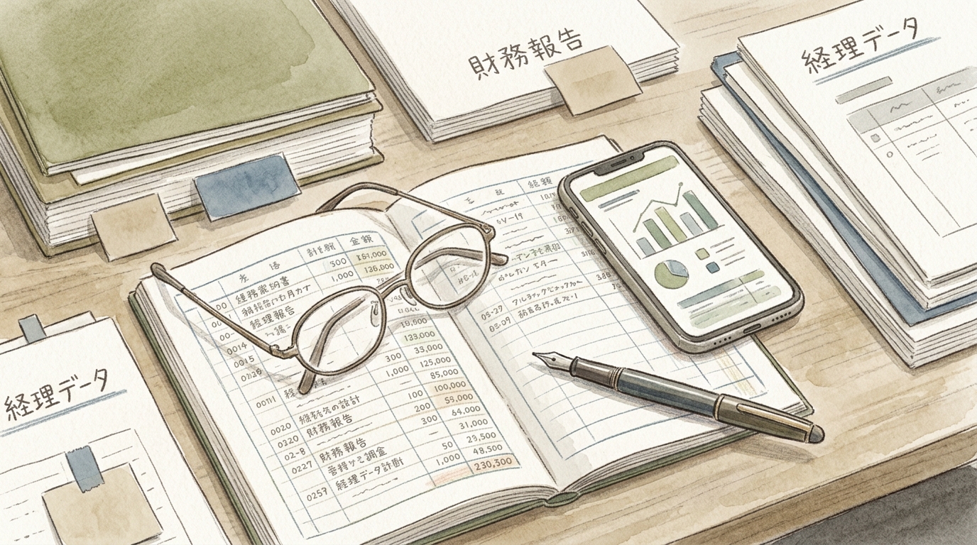 会計ソフトの設定を慎重に行う、ペンや書類が置かれたデスク周りの静かな風景のイラスト