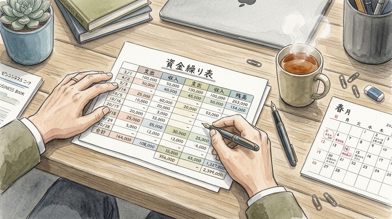 資金繰り表を確認する手元。カレンダーや書類、ペンが置かれたデスク周りの様子を描いた、実務感のある水彩と色鉛筆のイラスト。