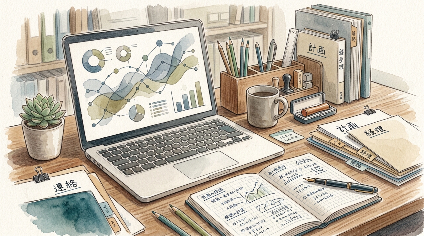 AIツールと紙の書類を整理し、デジタルとアナログで情報管理を行う様子を描いた実務的なイメージイラスト