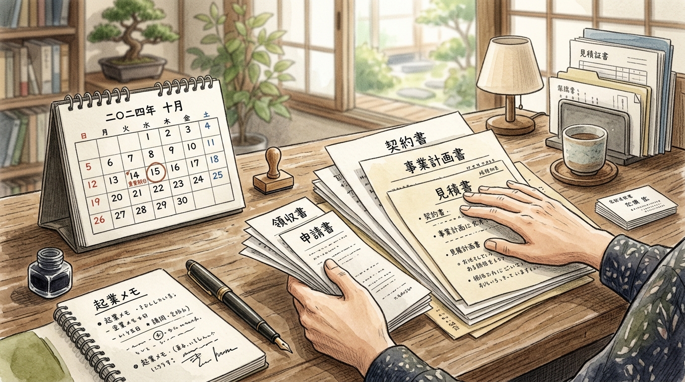 法人口座開設や将来の事業を見据えて書類を整理するひとり社長の実務風景。