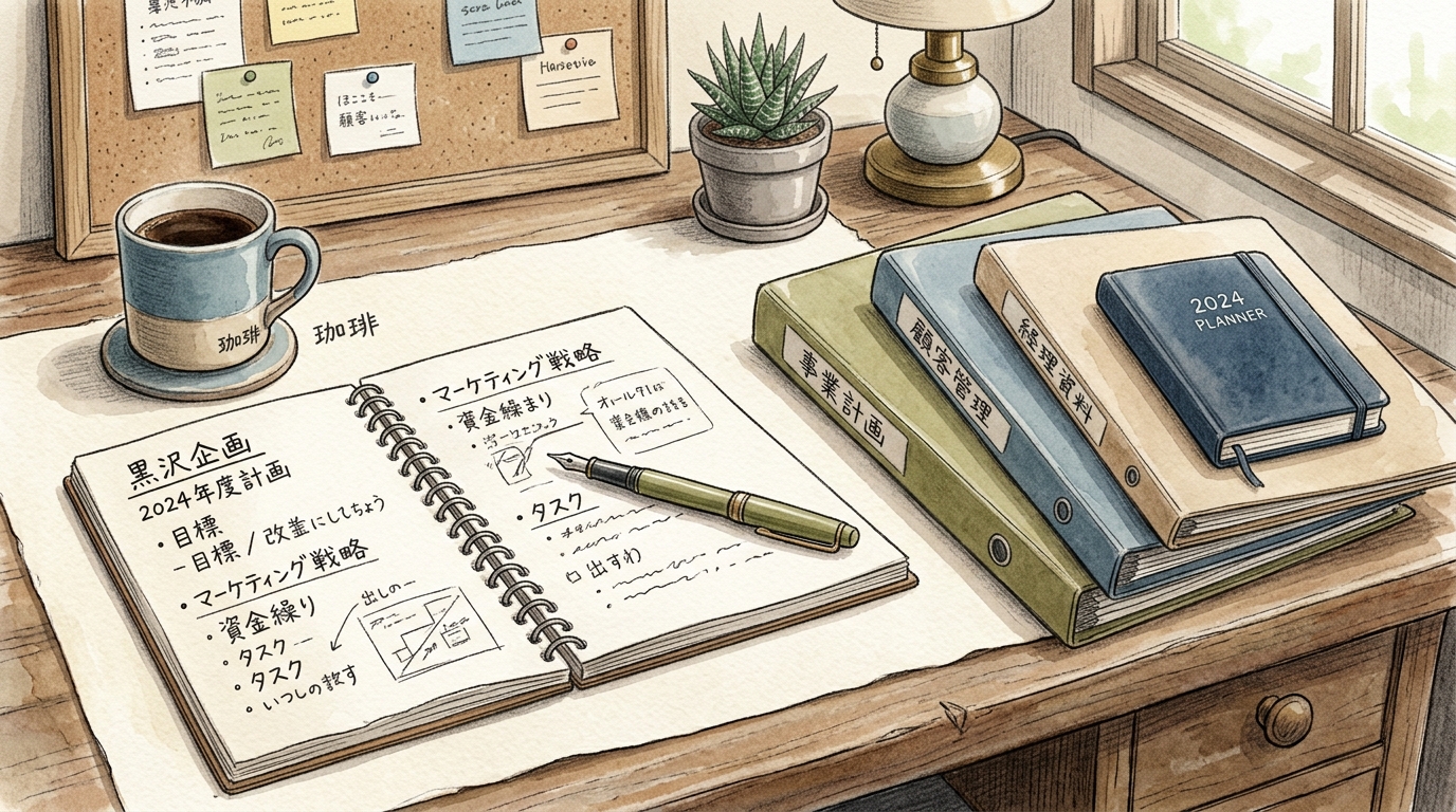 認定支援機関との相談を想定し、デスクで書類とノートを広げて経営計画を練る小規模事業者の実務的な風景イラスト。