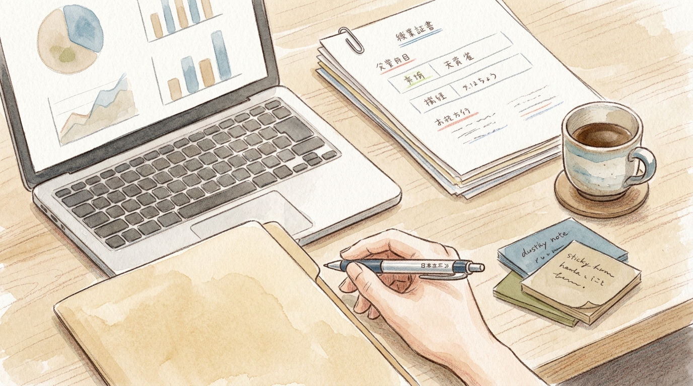 会社設立後の書類整理やタスク管理をイメージした、落ち着いた雰囲気のワークスペースのイラスト