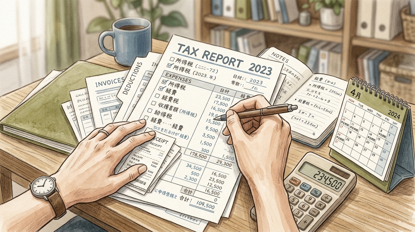 税務関連の書類をチェックし、手帳に書き込むひとり社長の手元のイラスト。実務的な税務整理のイメージ。