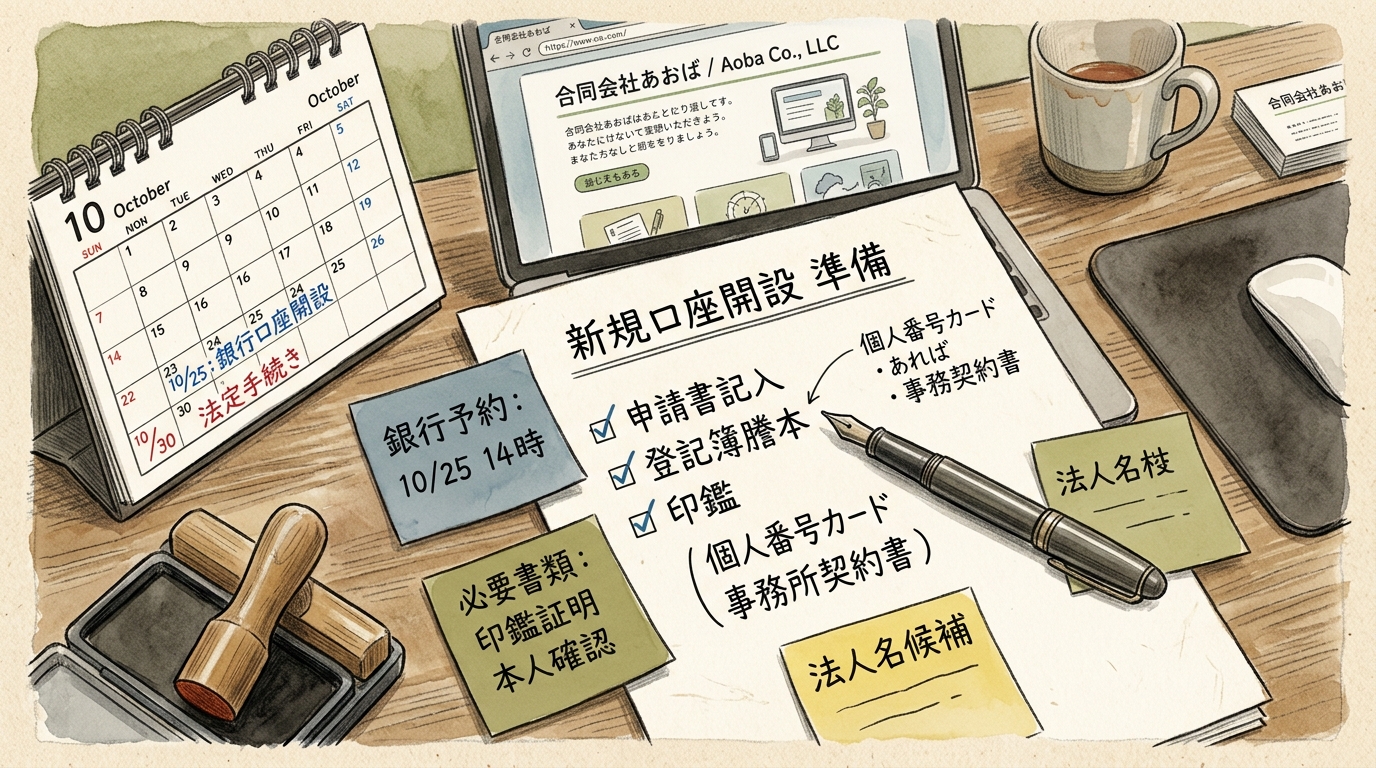 ひとり社長のデスクで法人口座開設のために書類やホームページの情報を整理している様子を描いたイラスト