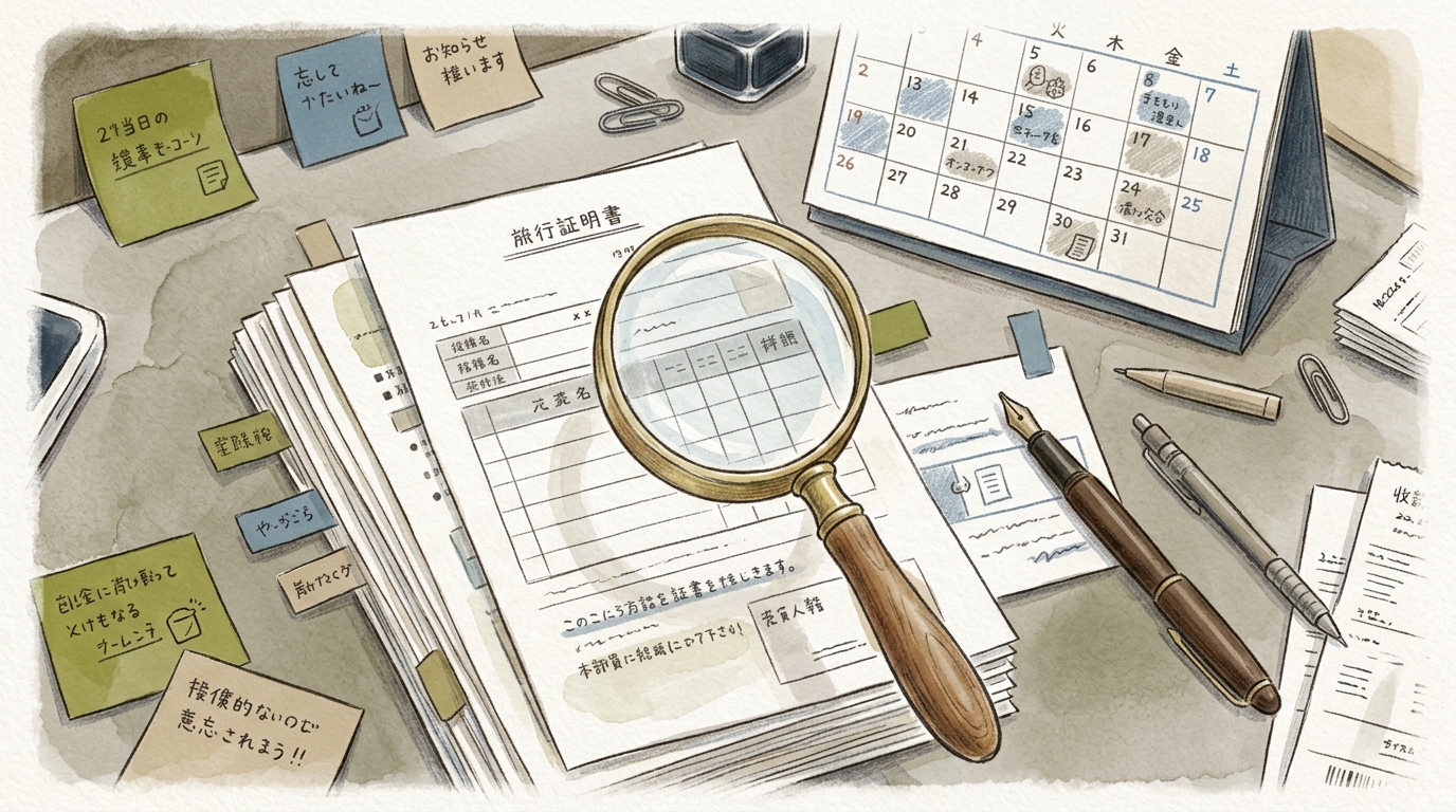 法人口座開設に向けた書類確認や実務整理のイメージ。手書き風の温かみのあるビジネスデスク。