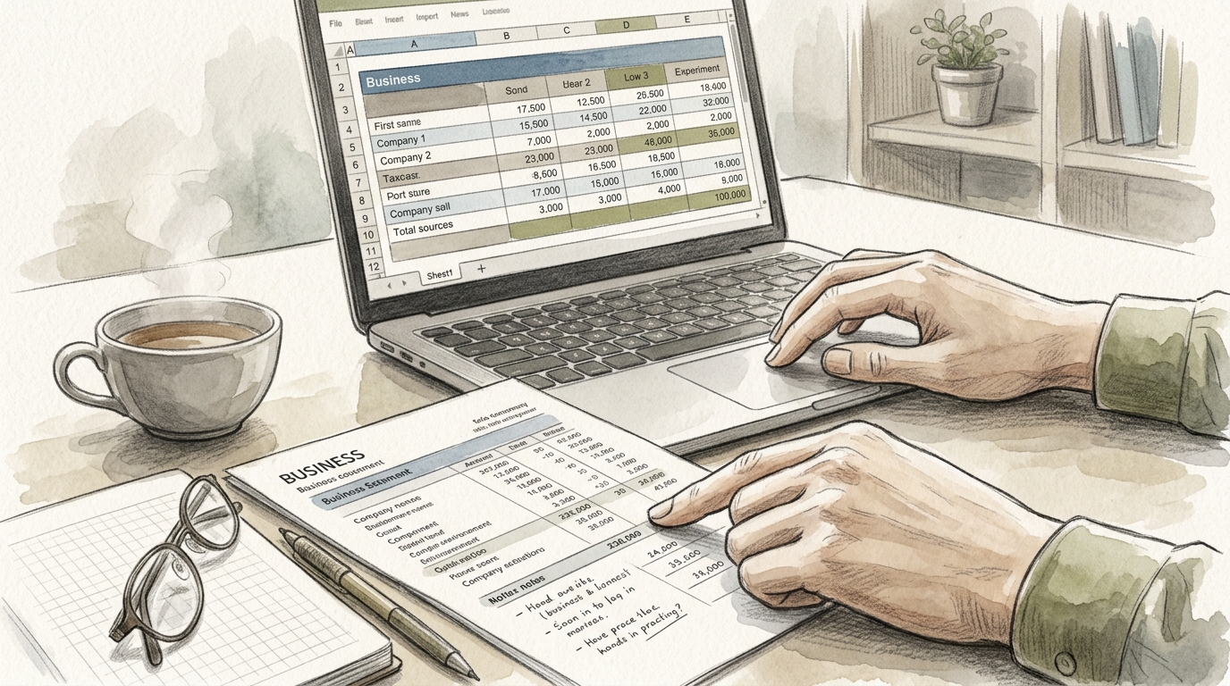 銀行審査に向けて書類とWebサイトを確認する小規模事業者の実務シーンのイラスト