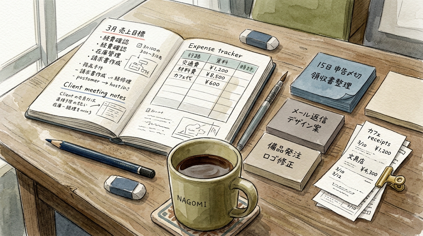 ひとり社長のデスク周り。書類やノート、コーヒーが置かれた実務的なワークスペースの様子。