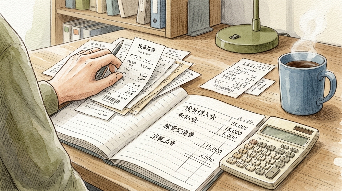 経費精算の仕訳と書類整理を行うひとり社長のデスクの様子