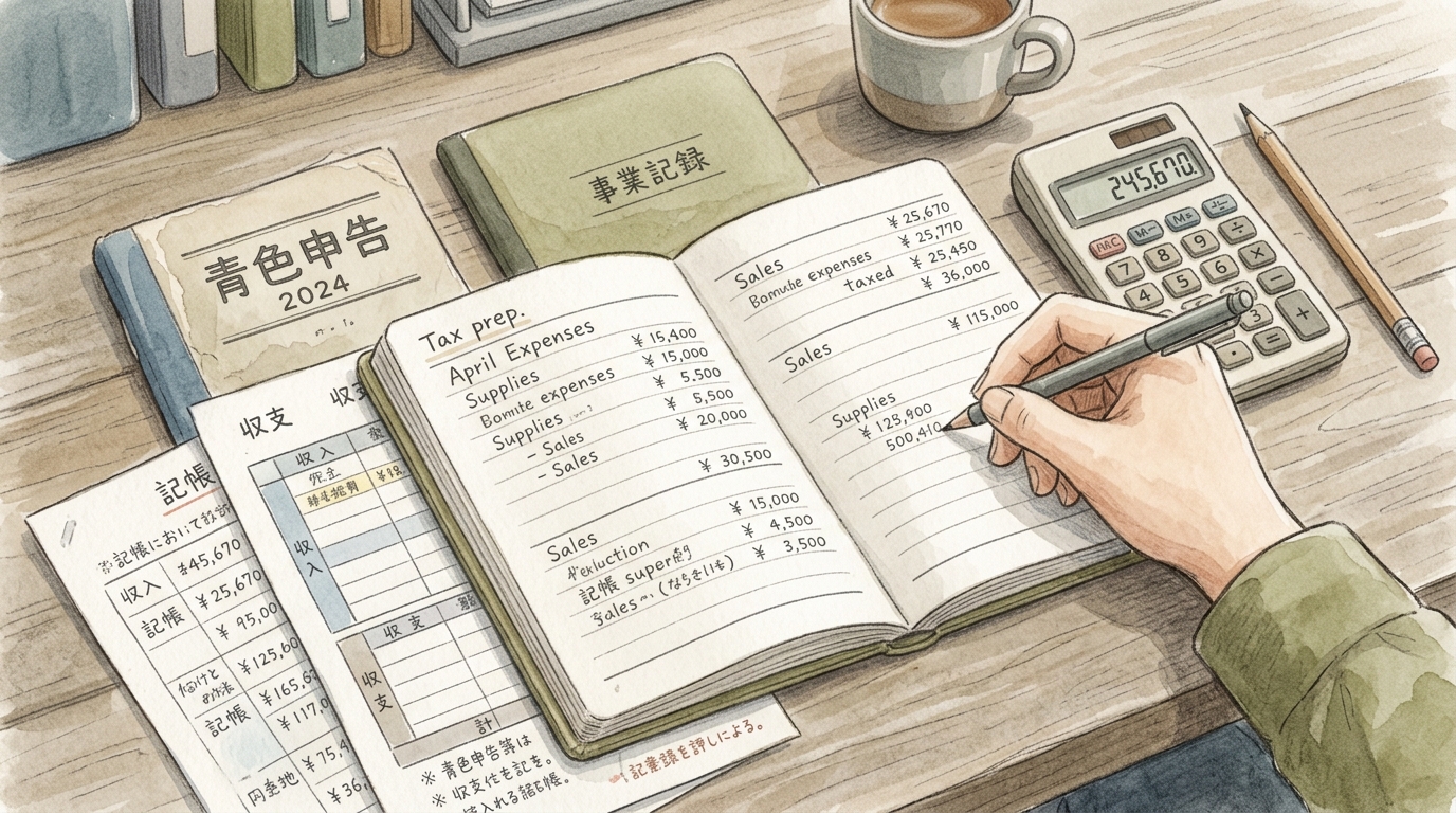 法人住民税の計算や確認作業を行うデスク周りの様子を描いた水彩調のイラスト