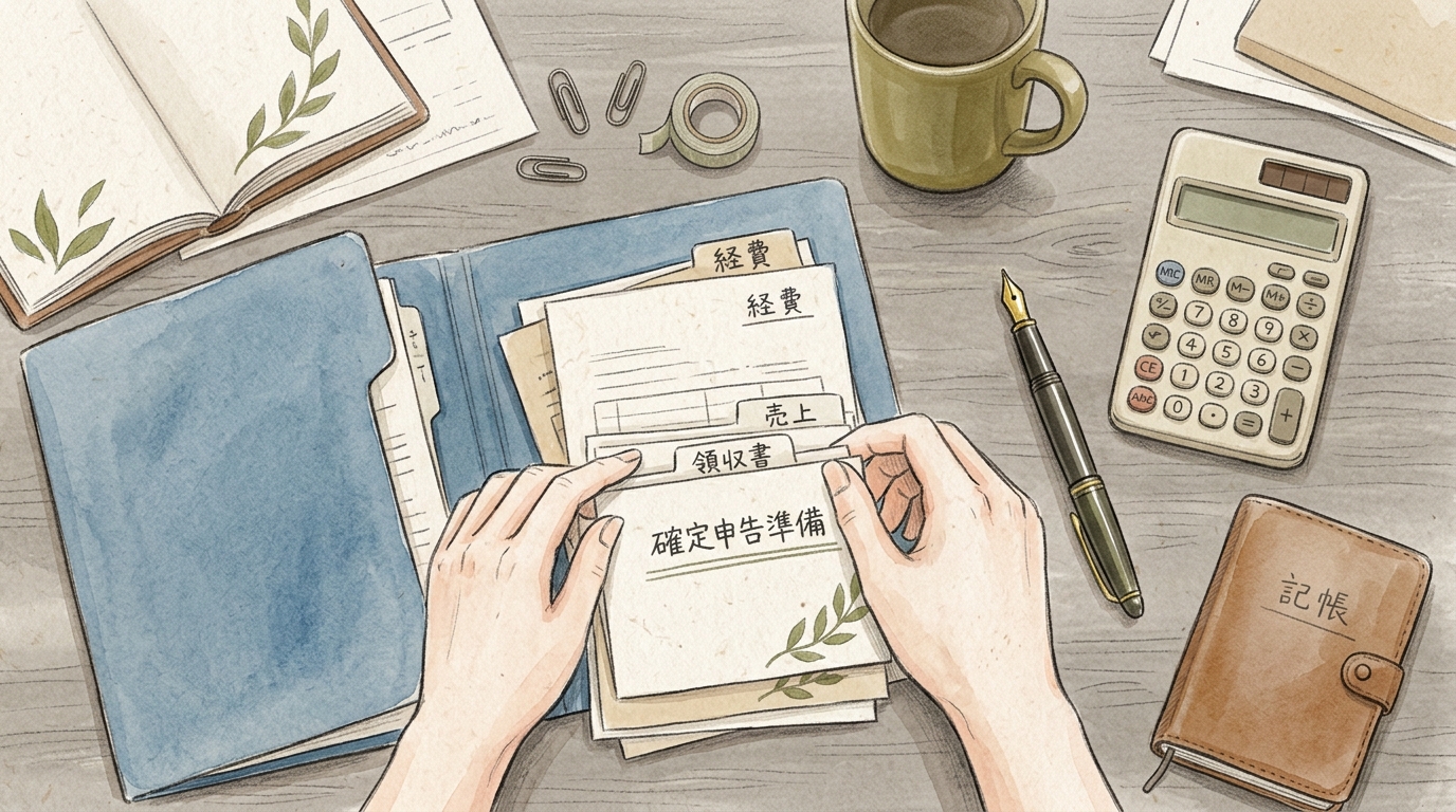 ひとり社長のデスクで税務関連の書類を整理する様子を描いた、水彩と色鉛筆の温かみあるイラスト。