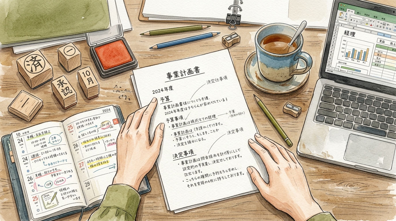 法人実務の書類作成シーン。印鑑の使い分けを考えるひとり社長のデスク回りを描いた温かみのある手描き風イラスト。