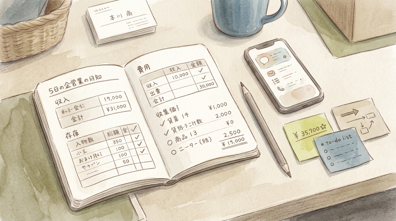 スマホとノートが置かれたデスク周りの整理整頓された様子を描いたイラスト