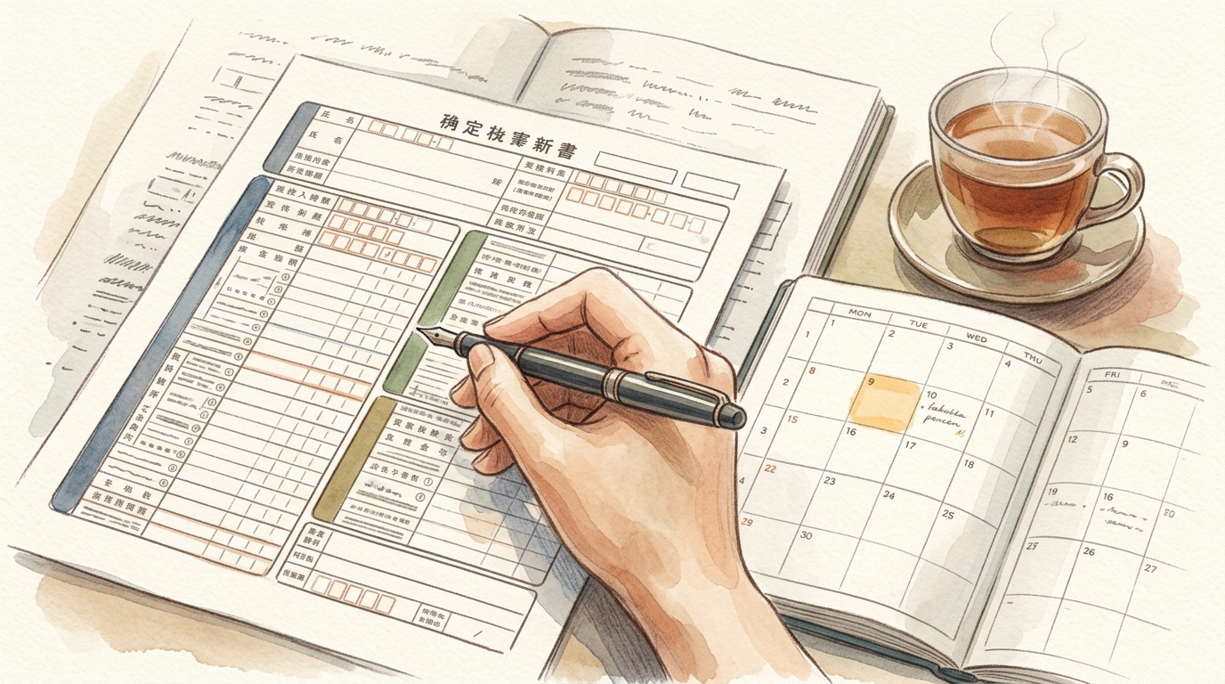 ひとりで黙々と税務書類の確認や記入を行うビジネスパーソンの手元を描いた、水彩と色鉛筆の温かみのあるイラスト。