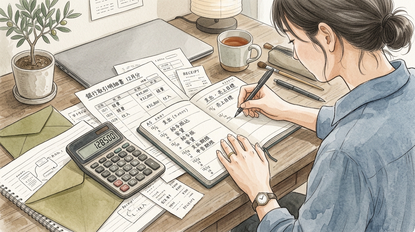 金融機関への相談に向けた書類整理やスケジュール確認を行うひとり社長のデスク周り