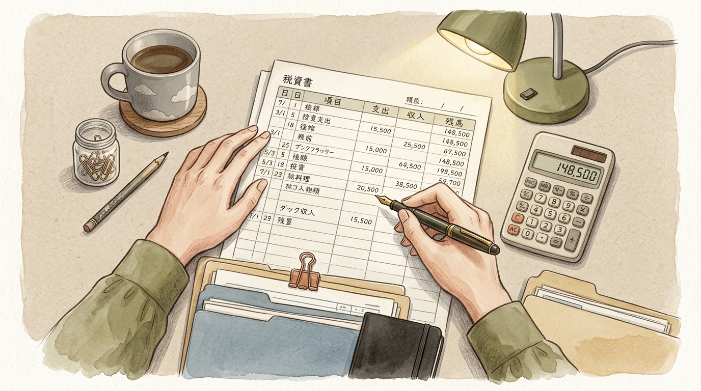 償却資産申告の準備をするデスク周りの実務風景を描いたイラスト