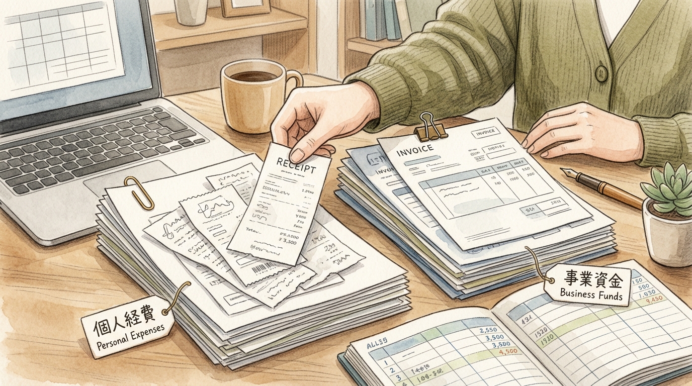 領収書や帳簿を整理する手元の様子、会社と個人の資金区分を表現した水彩と色鉛筆のイラスト