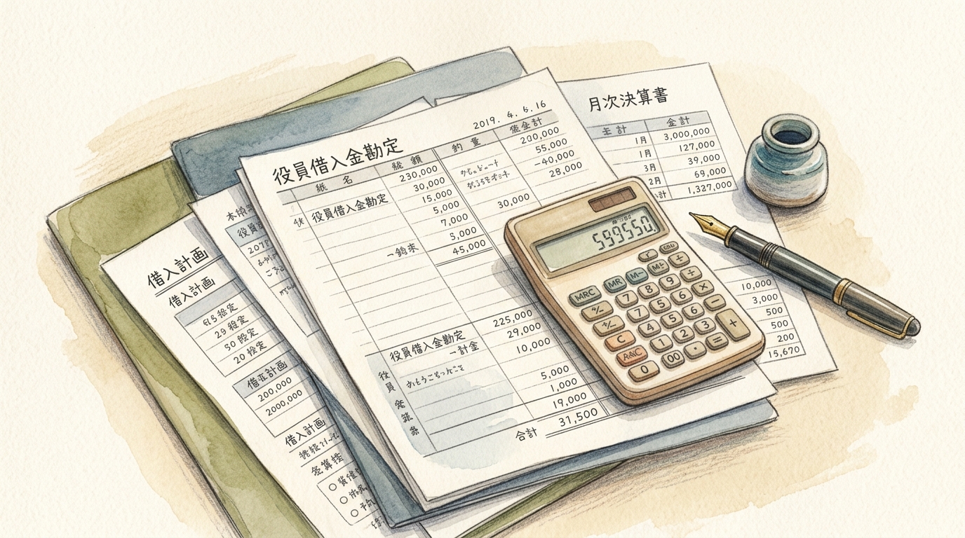 役員借入金の管理や財務書類のチェックを行う、ひとり社長の作業風景をイメージした水彩と色鉛筆のイラスト。