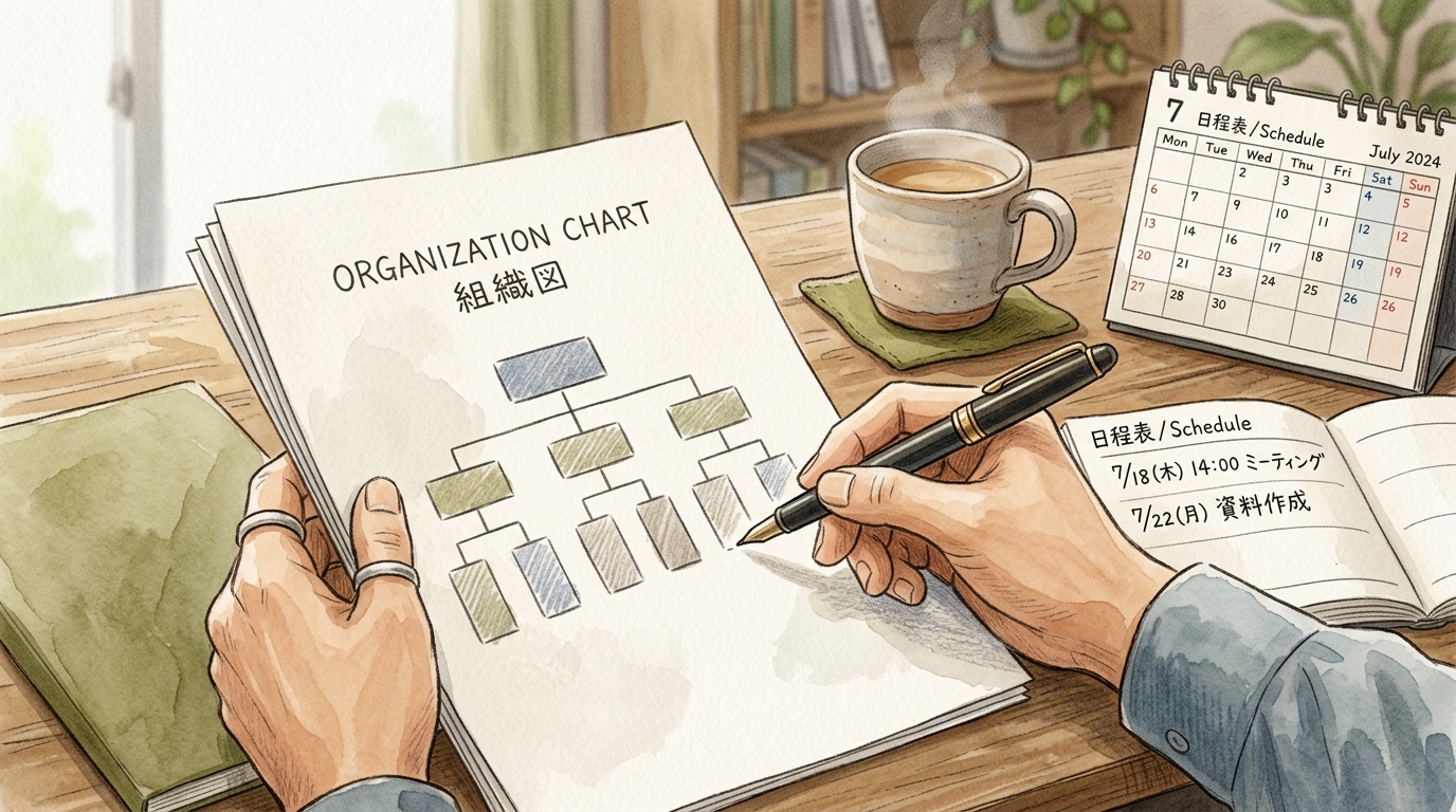 役員報酬の変更手続きを確認する実務風景。書類とペンが置かれた温かみのある水彩画風のデスク