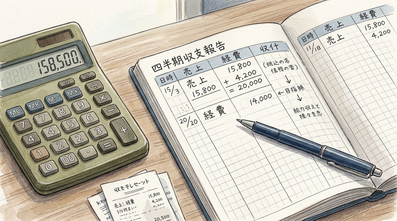 手元の計算機とノートに記入された収支計算のイメージ。税金や固定費の管理を行うひとり社長のデスク環境。