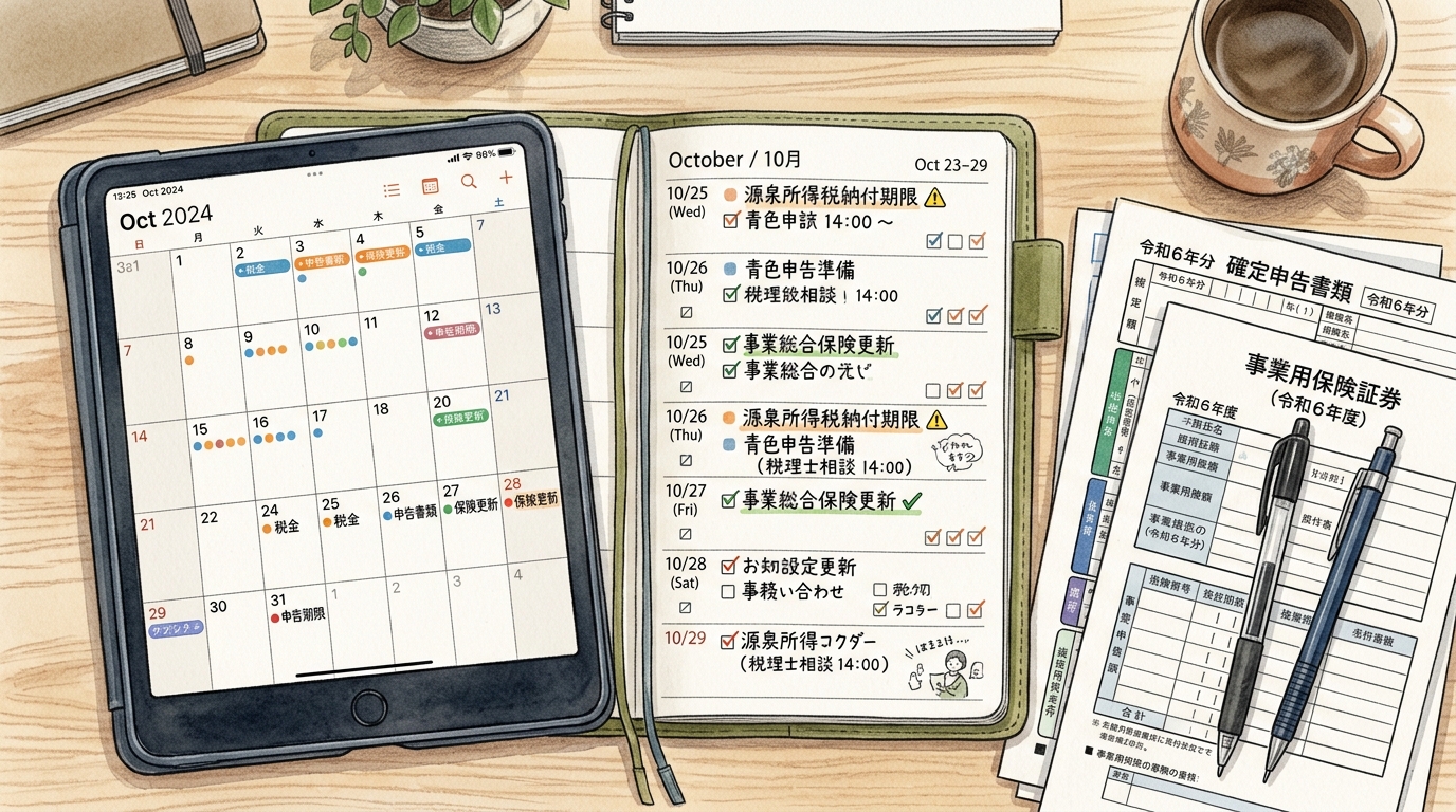 手帳とタブレットを併用して税金や社会保険などの重要スケジュールを確認している作業デスクの風景