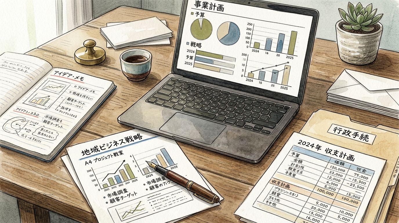 ホームページ改善と販路開拓を計画するひとり社長のデスク周りの様子を水彩と色鉛筆で描いたイラスト