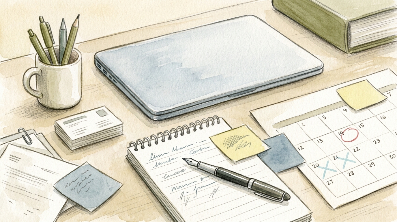 ひとり社長のデスク周りにある、書類やカレンダーを使った実務の様子を表現したイラスト