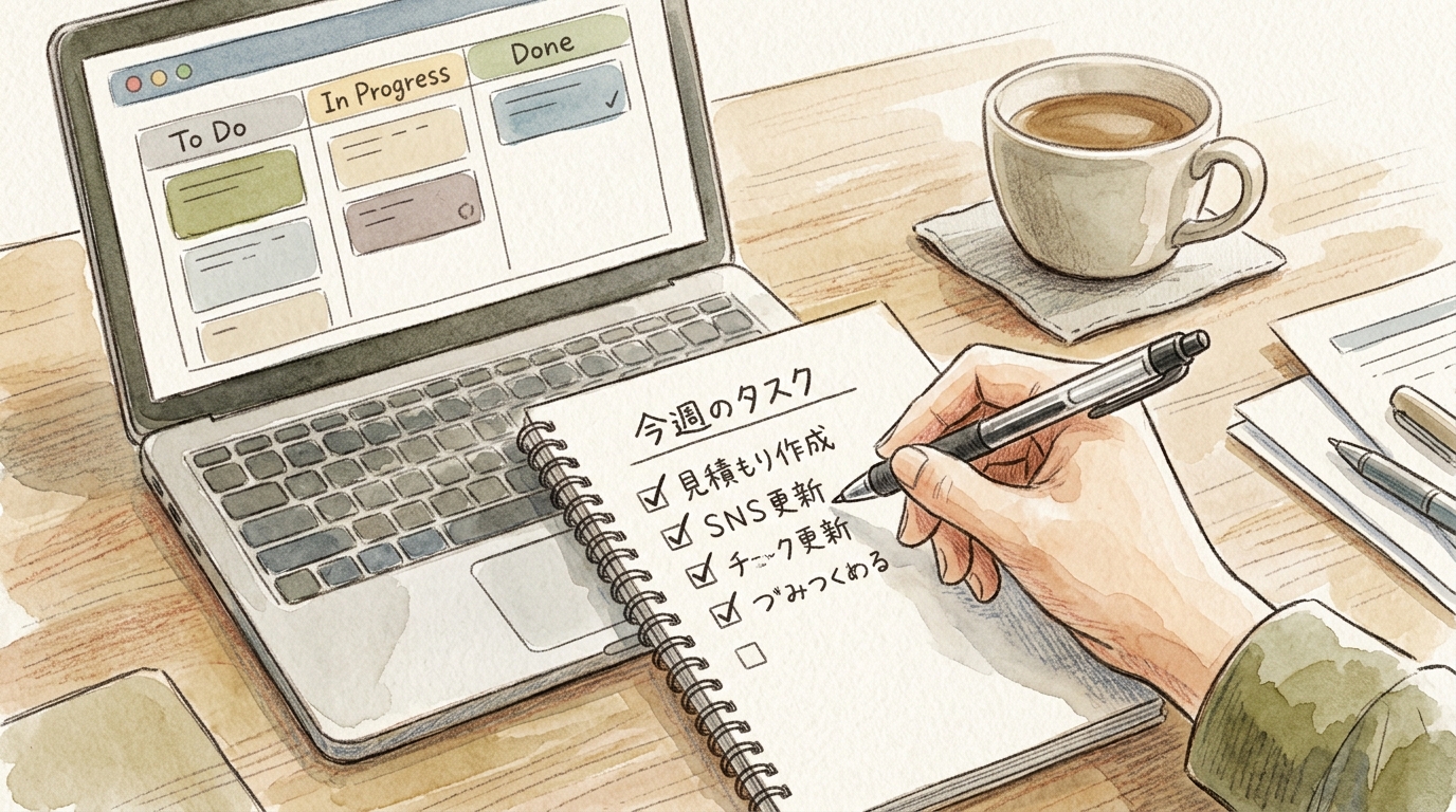 会社設立の書類作成とタスク管理を行うデスク周りの様子。水彩と色鉛筆の温かみのあるタッチ