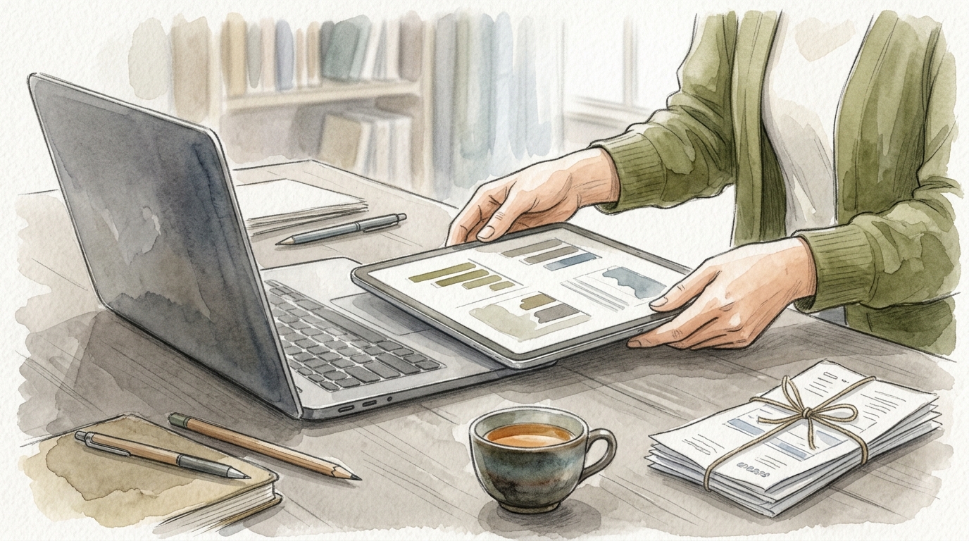 手作業とデジタルツールが調和した、効率化を感じさせるひとり社長のデスク上の風景