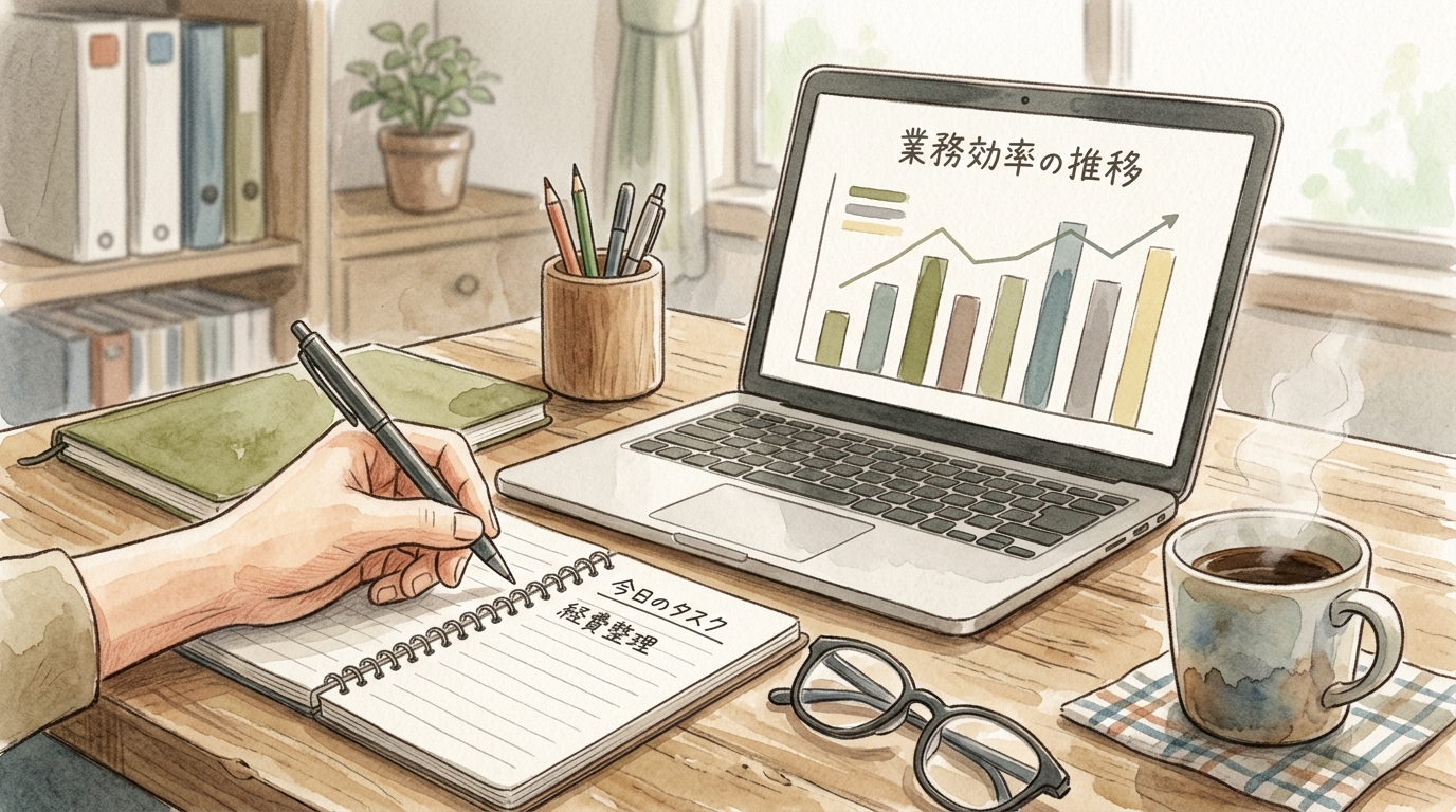 ひとり社長のデスクで業務効率化の計画を立てる手元のイラスト。水彩と色鉛筆の温かみのあるタッチで表現。