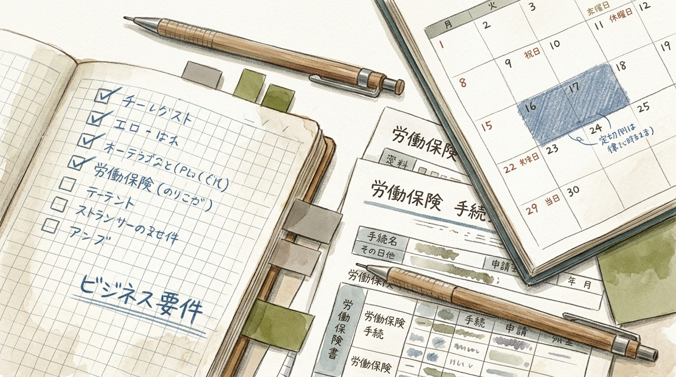 カレンダー、チェックリスト付きのノート、書類が並ぶデスクの俯瞰イラスト。労働保険の年度更新手続きや確認作業をイメージした静かなデザイン。