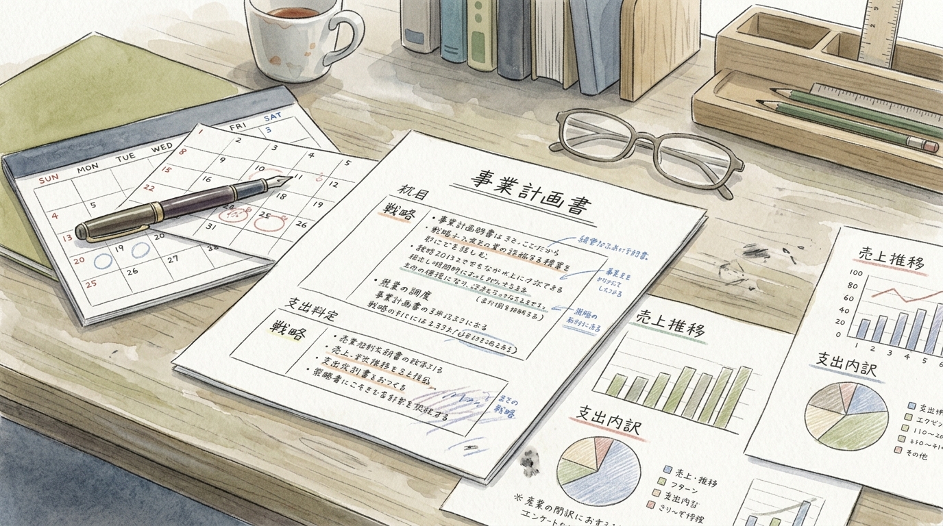 融資審査に向けた事業計画書を見直すデスク周りの様子。水彩と色鉛筆の風合い