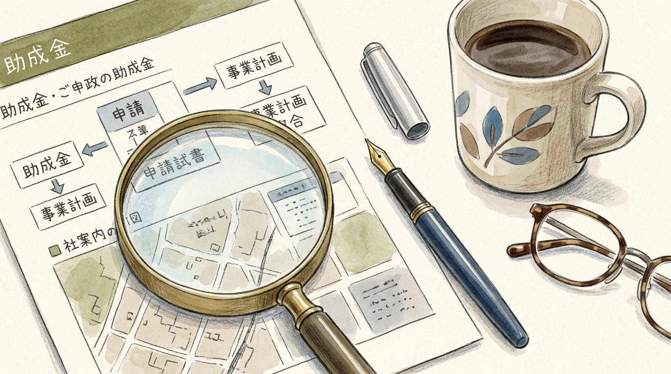 デスク上で書類や資料を確認しながら創業支援制度をリサーチする手元を描いたイメージイラスト