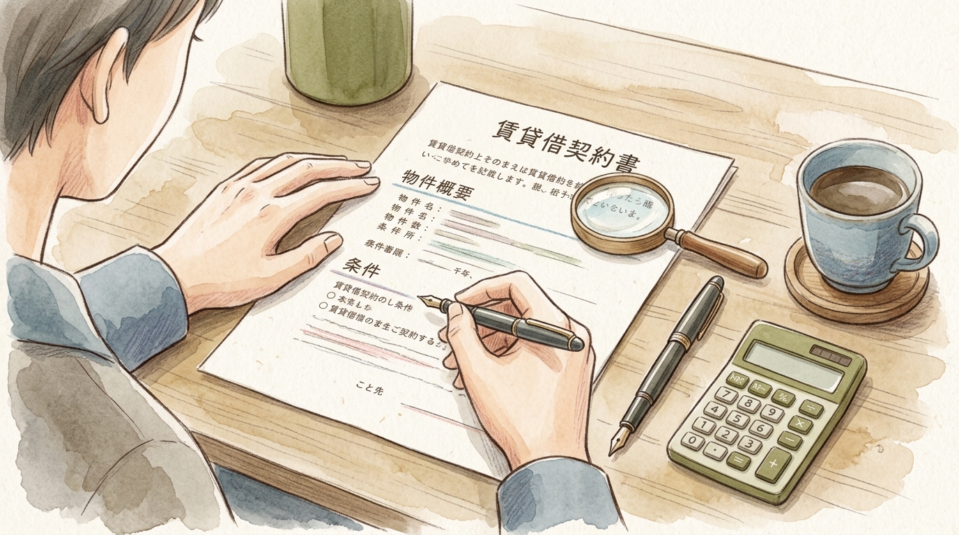 事務所契約の重要書類を慎重に確認するビジネスの様子を描いた、温かみのある手描き風イラスト。