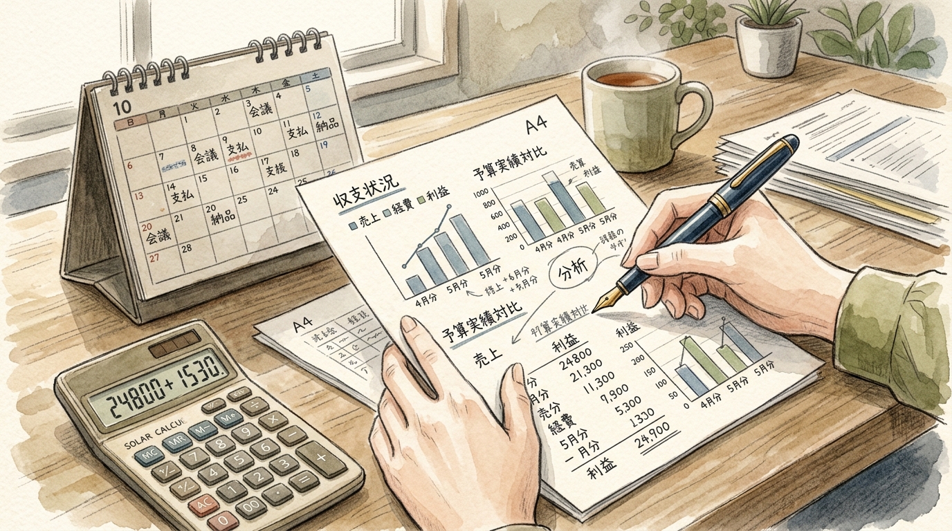 書類や電卓を使い、役員報酬や事業収支を検討するデスク周りのイラスト