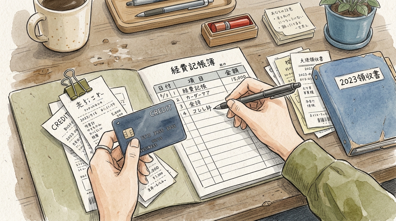 個人カードで経費を立て替えた際の書類とレシートの整理作業風景。落ち着いた色味のイラスト。