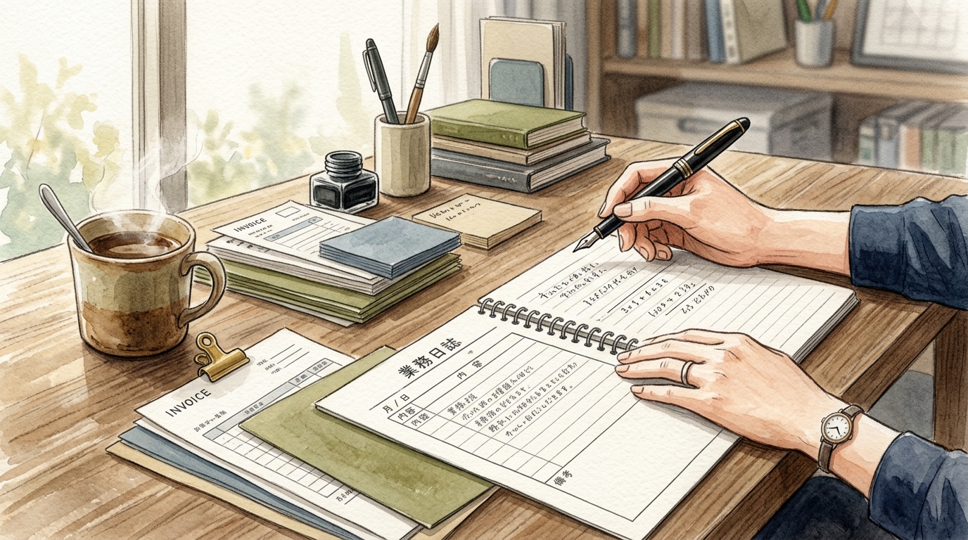 役員報酬や法人の届出書類を準備するひとり社長のデスクの様子