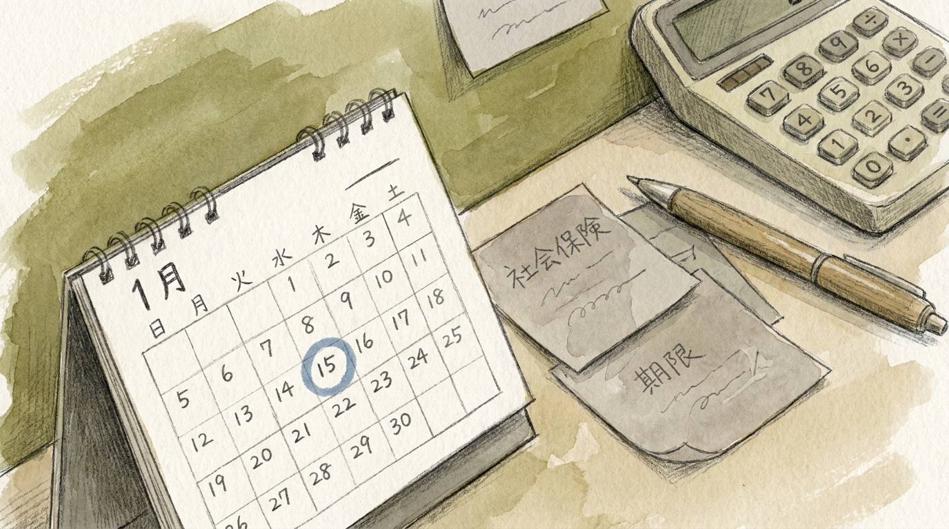 提出時期を確認するためのカレンダーと文房具が並ぶ実務的なデスクのイラスト