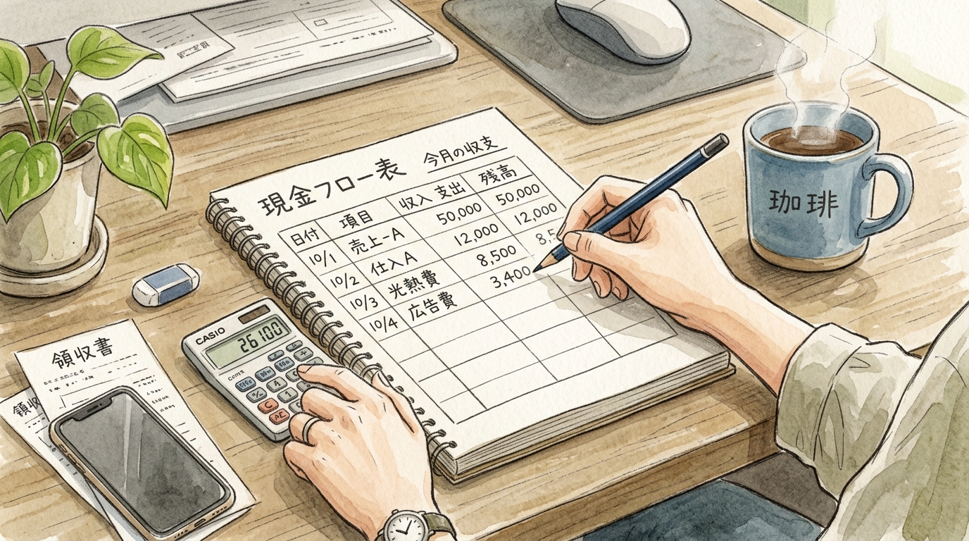 手書きの表で資金繰りを整理するデスク周りの様子。水彩と色鉛筆の優しいタッチで描かれた、ひとり社長の実務風景。