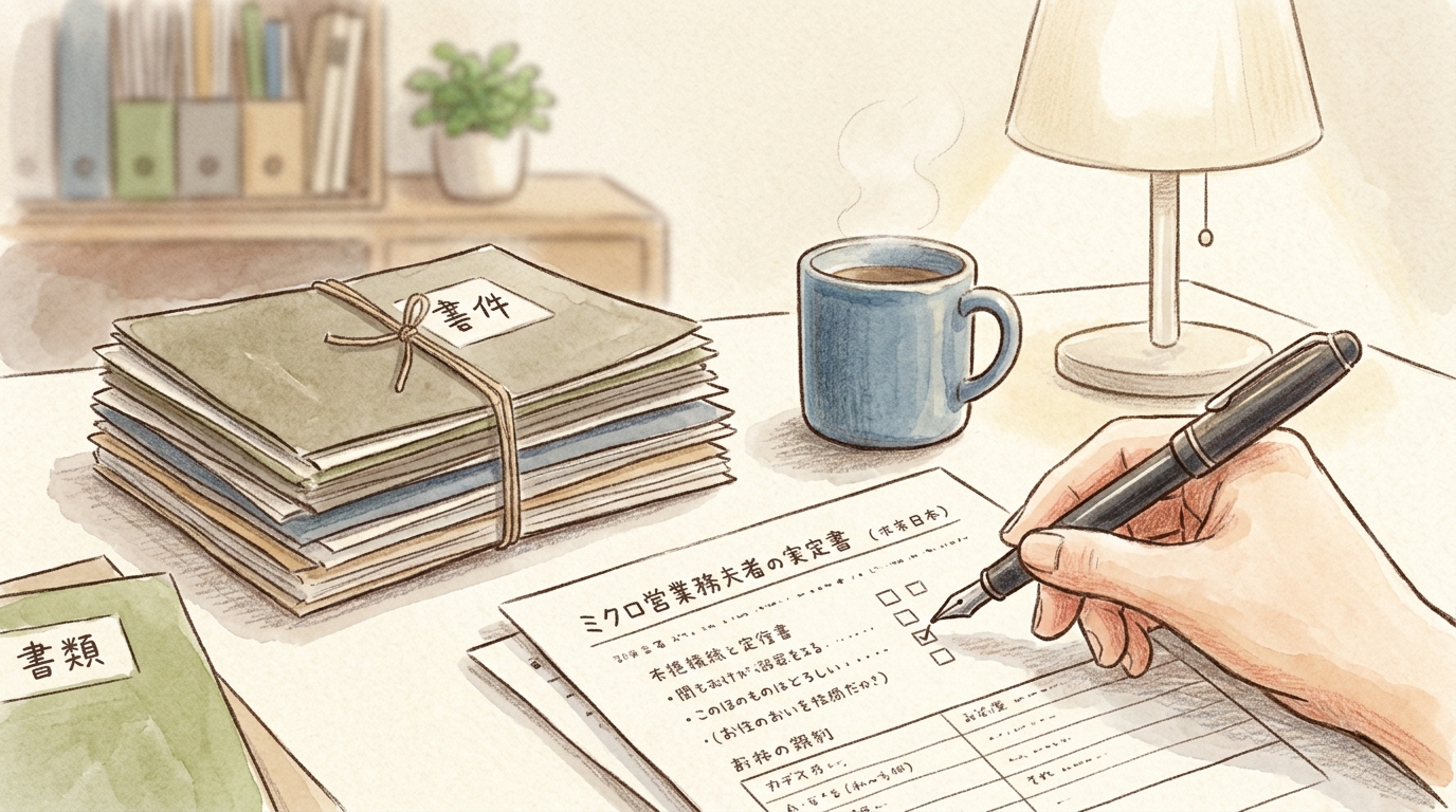 書類のチェックを行うデスク周りの様子を俯瞰した水彩と色鉛筆風のイラスト。社会保険の扶養手続き準備を想起させる実務的なシーン。