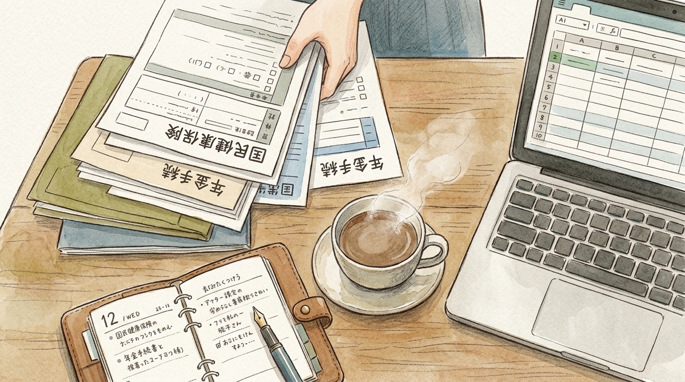 社会保険の書類作成を行うひとり社長のデスクの様子。落ち着いた色合いの水彩・色鉛筆画。