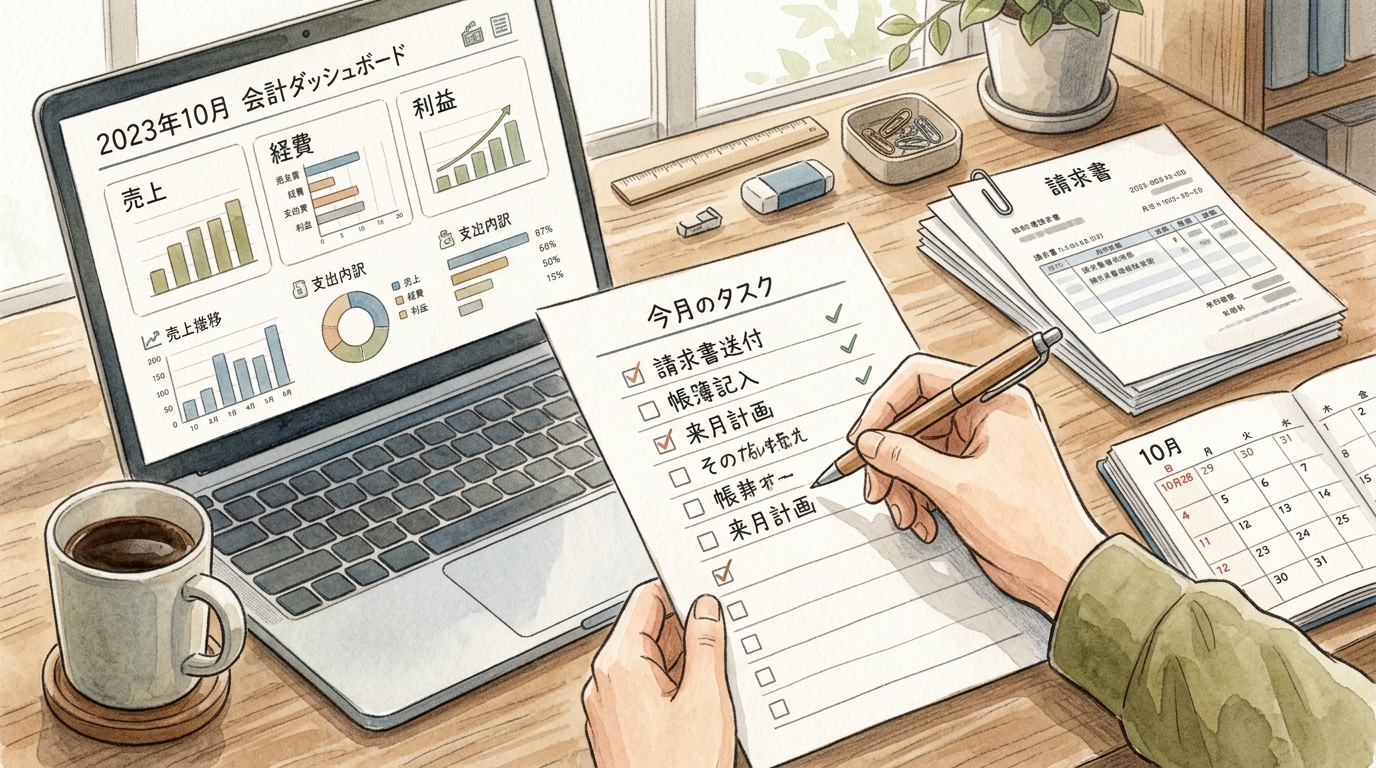請求書確認と入金管理を行うひとり社長の手元と、書類、ノートPCが置かれたデスク周りの様子。