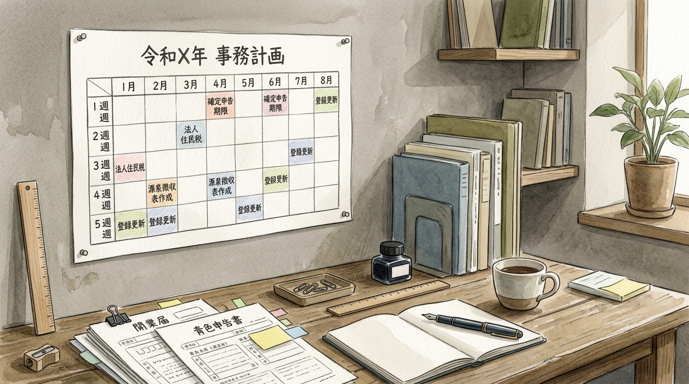 デスク周りで年間スケジュールや書類を整理する様子を描いた、実務感のある水彩・色鉛筆風のイラスト