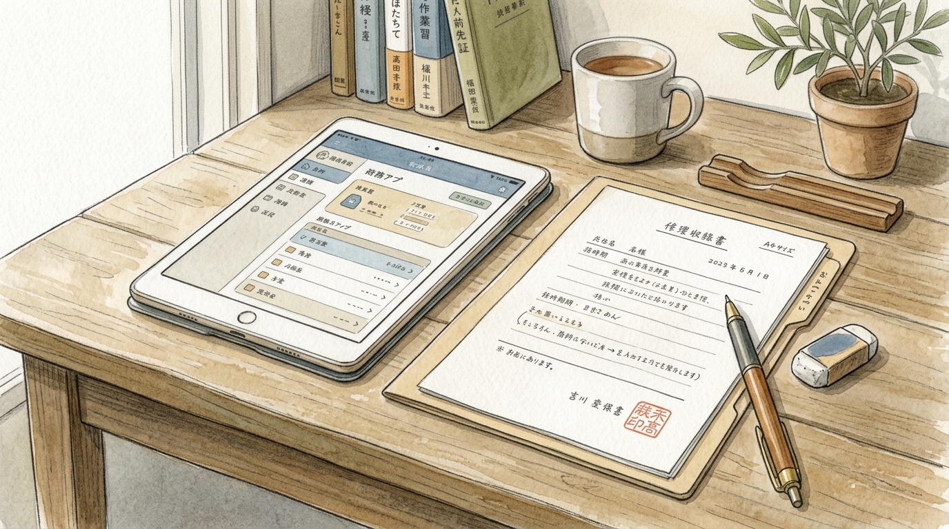 紙の書類とデジタルデバイスが混在するデスク回りの様子、水彩と色鉛筆の柔らかなタッチで描かれた業務効率化のイメージ