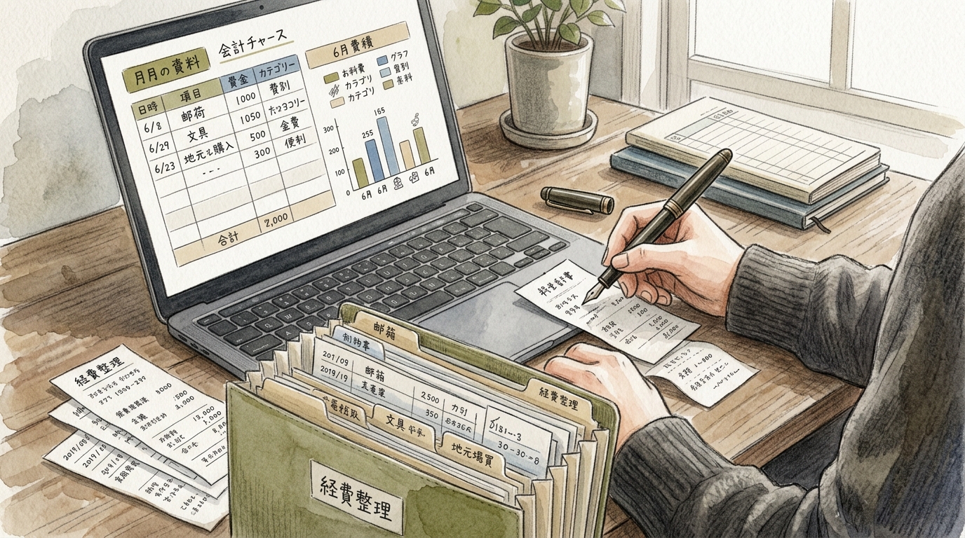 ノートPCと領収書を使って経費精算作業をしているデスク周りの様子を描いた水彩と色鉛筆のハイブリッドイラスト。