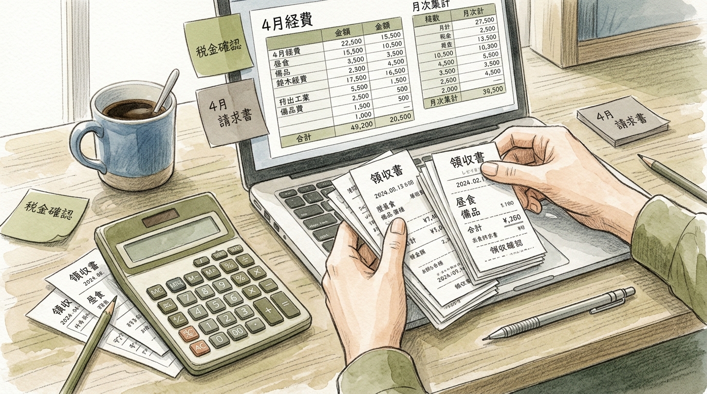 月末の帳簿照合や請求書確認を行うひとり社長のデスク周りの風景