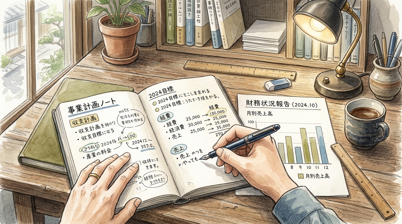 創業融資と資金繰りを検討するために書類や計画書を整理しているデスク周りの様子を表現したイラスト