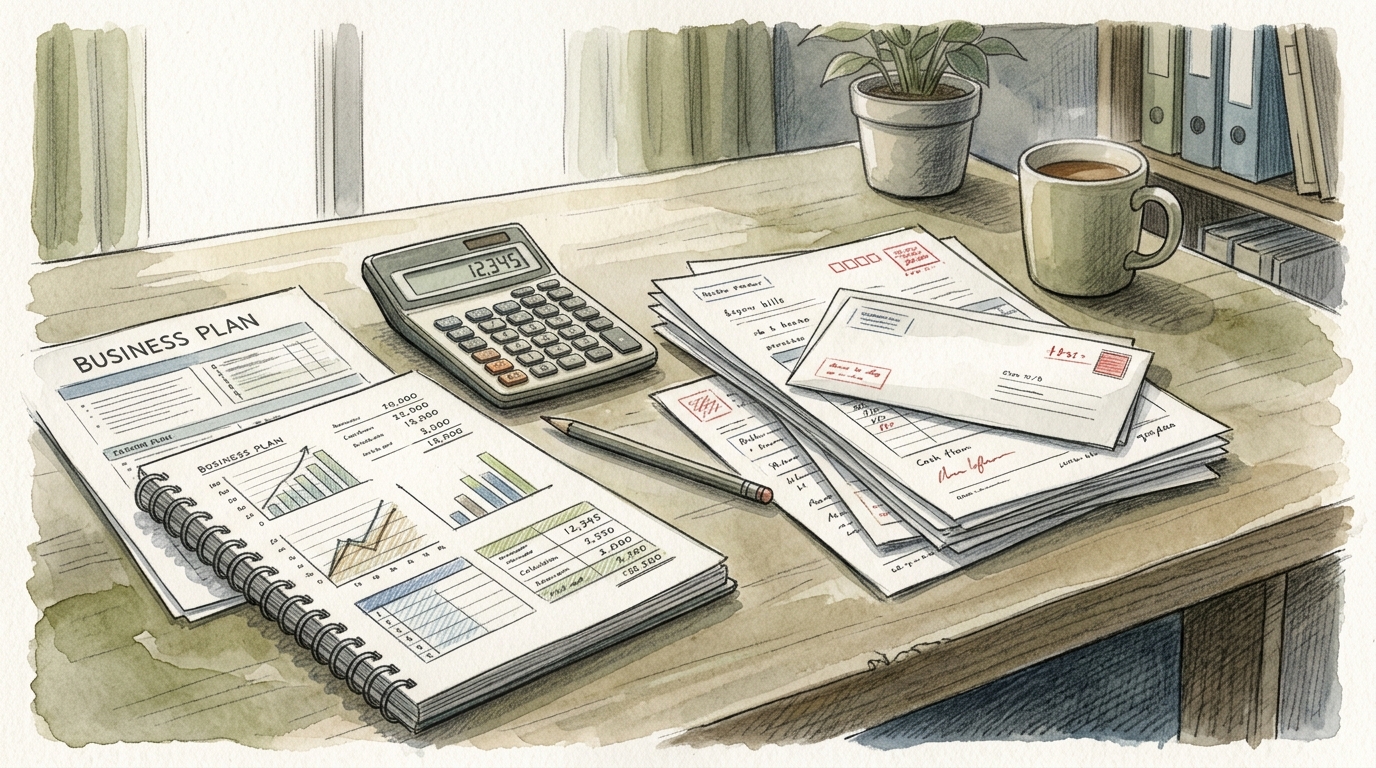 補助金の立替払いと資金繰りを整理する書類と電卓のあるデスク風景