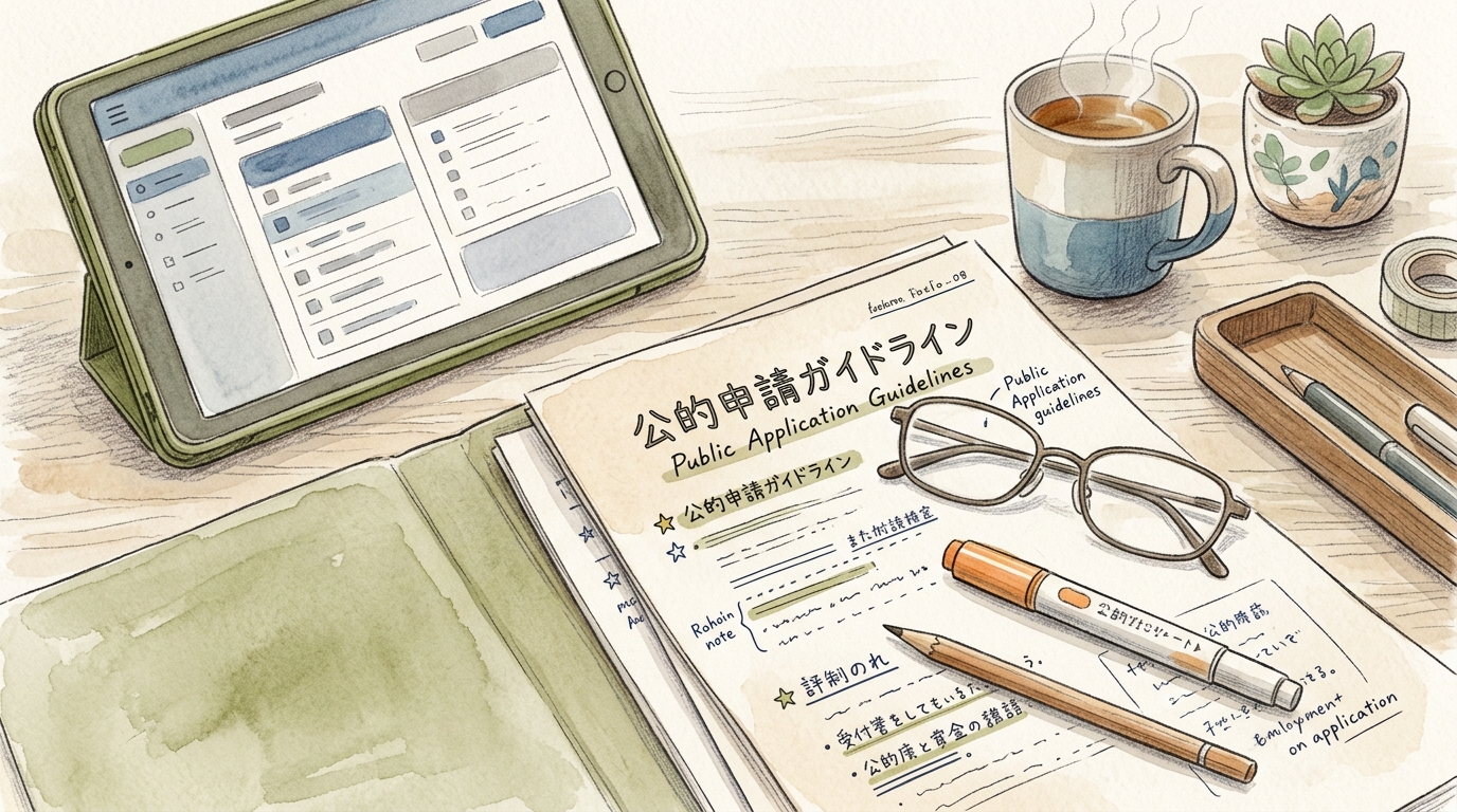 補助金の公募要領を確認するデスク周りの実務風景を表現した水彩・色鉛筆風イラスト