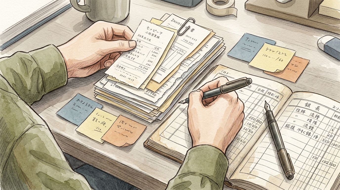 請求書や領収書などの支払い証拠書類を丁寧に整理する実務作業の様子