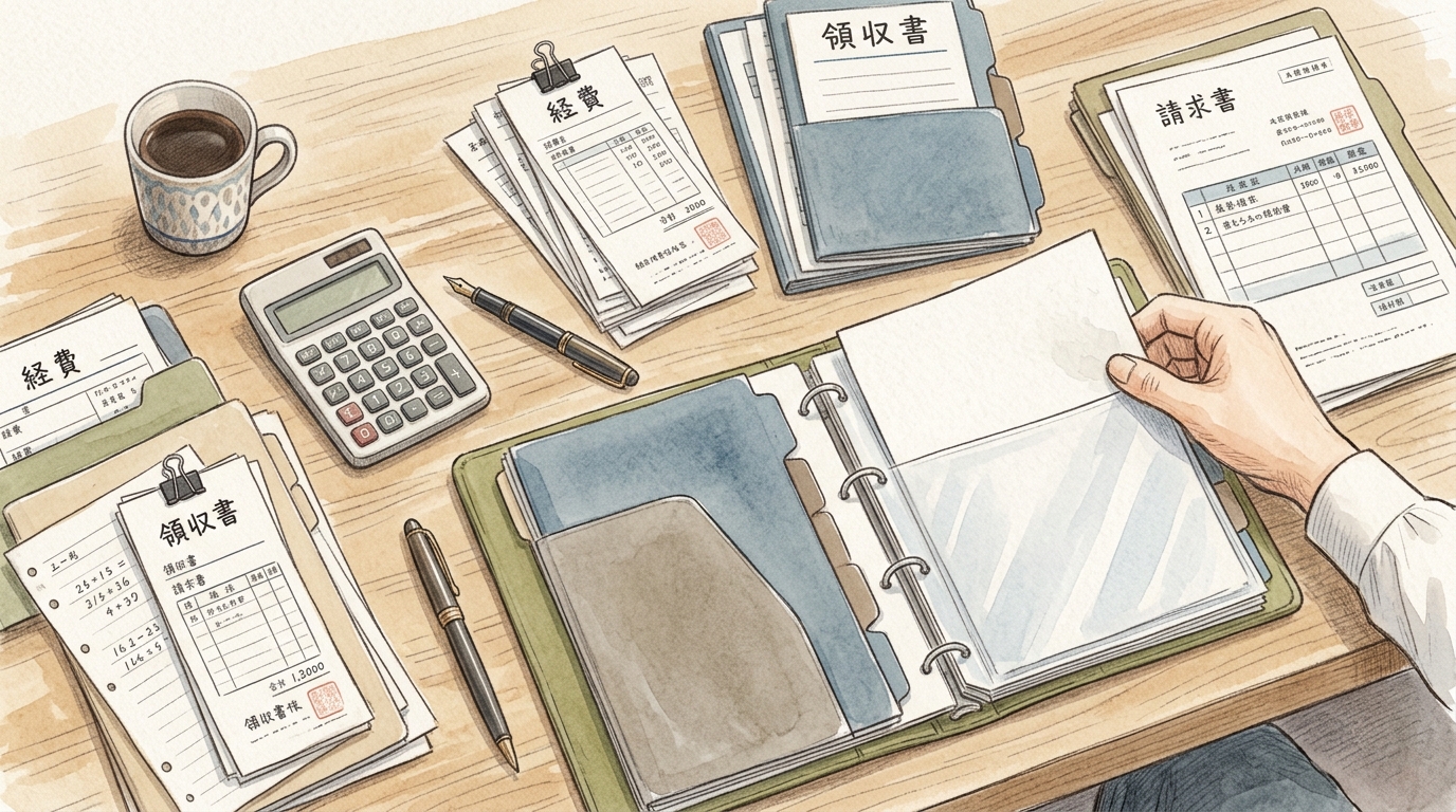 補助金の証拠書類である請求書や領収書を丁寧に整理・ファイリングする様子